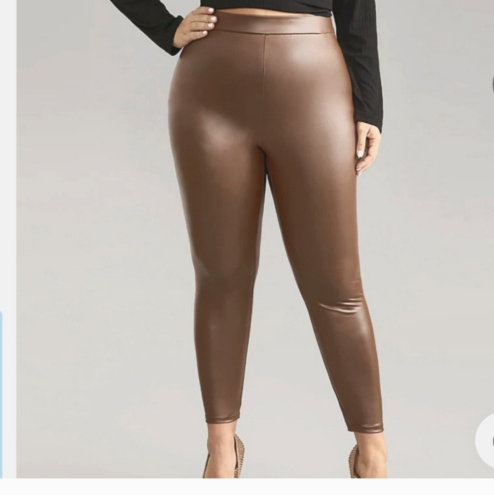 Brown Faux Leather Leggings, XL